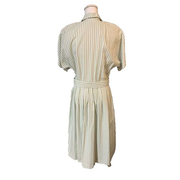 Vintage Penbrooke Lane Dress Womens 10 Green White Striped Button Up Belted Midi - Picture 2 of 12